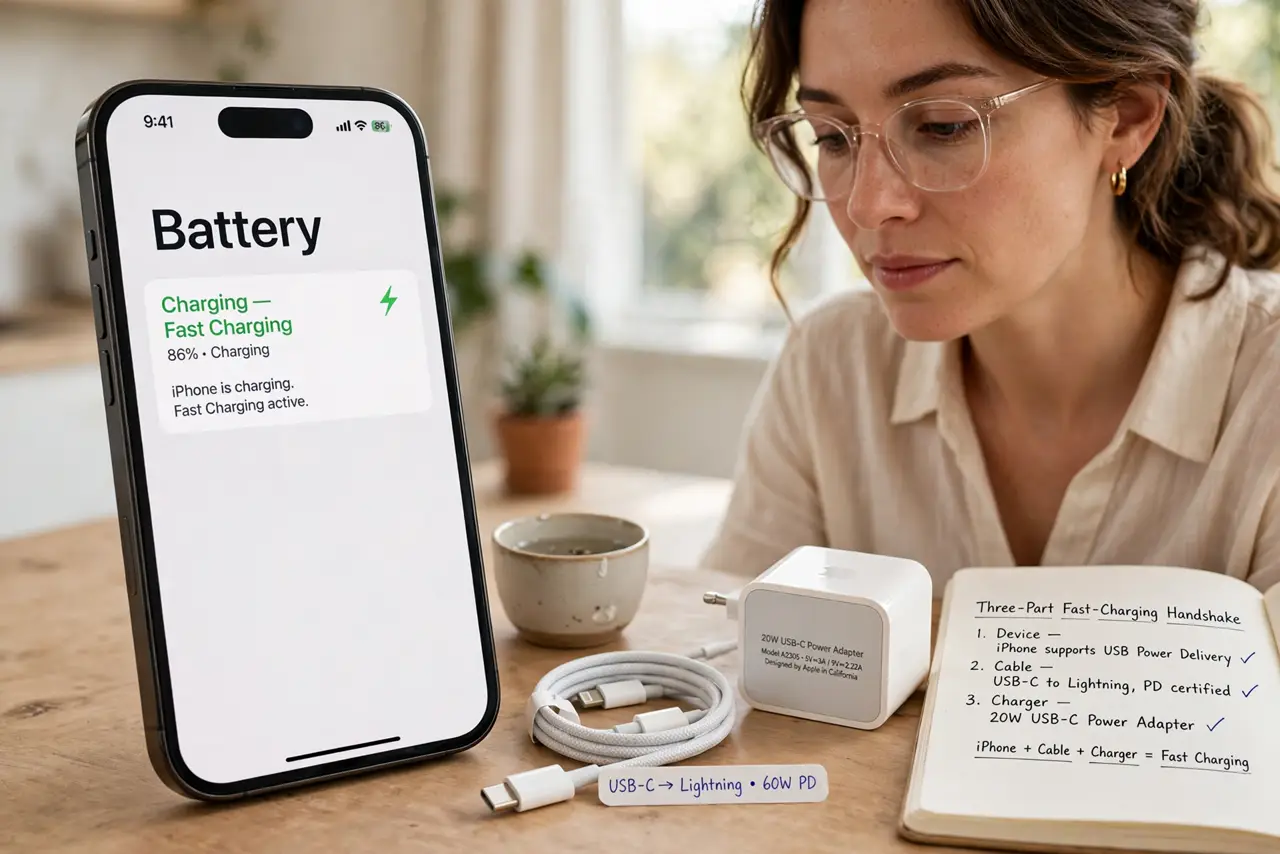 A person performing the first step: Understand the three-part handshake. Phone, cable, and charger must all support the.