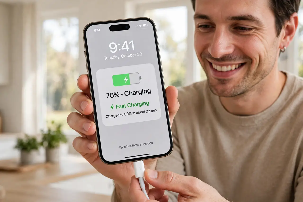 A person plugging a real fast charger into a real iPhone, the phone screen large showing a charging indicator with