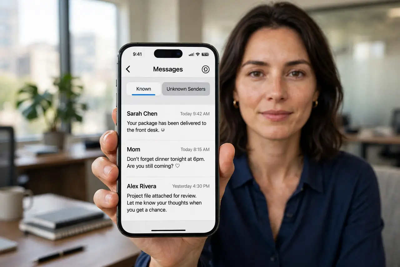 A person holding an iPhone showing a messages app with separate Known and Unknown Senders tabs legible on screen, the person's face calm and in control, office setting.