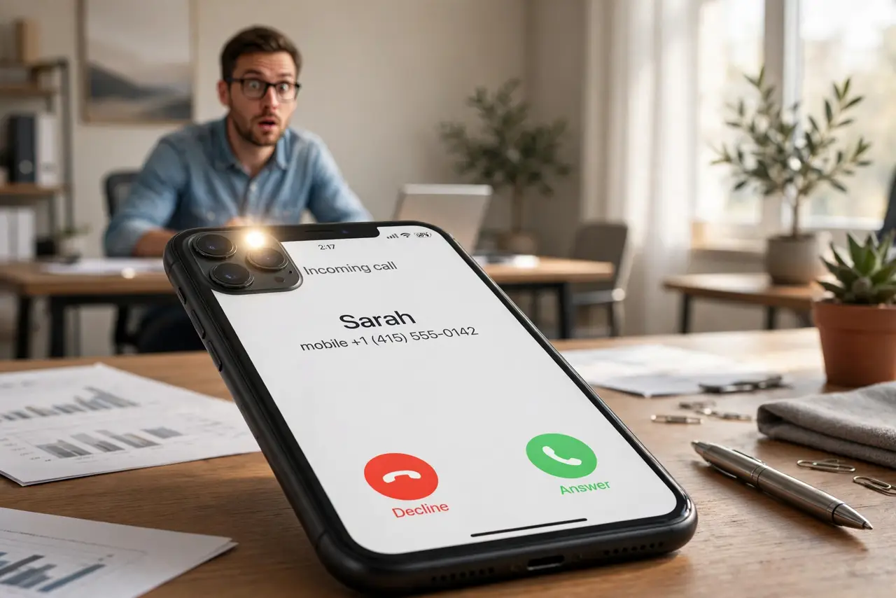 A person noticing their iPhone flashing its LED alert for an incoming call on a desk across a quiet room, the person's face alert, office setting.