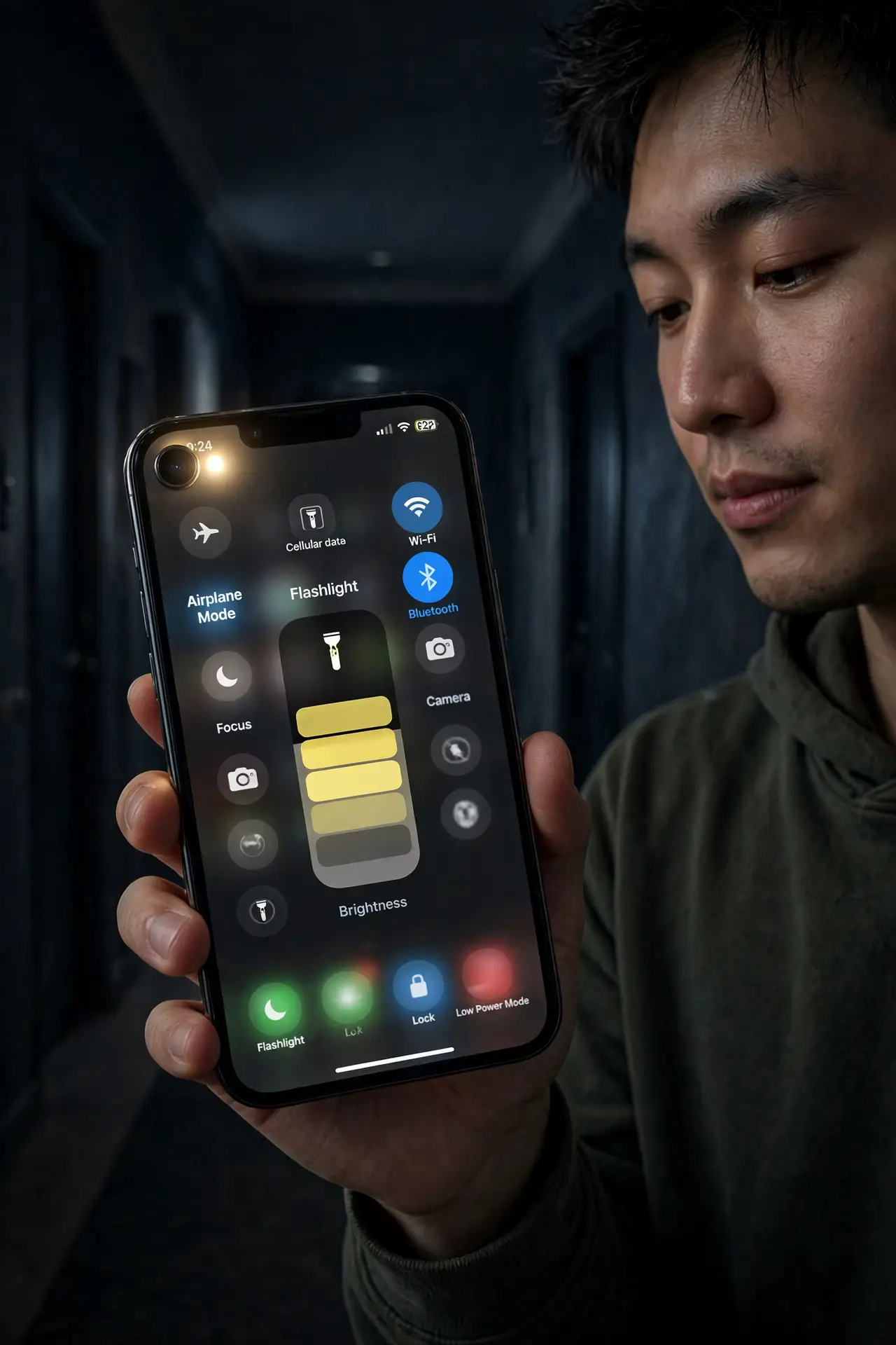 A person holding an iPhone with the flashlight brightness slider visible in Control Center, the LED glowing softly, the person's face calm, dark hallway setting.