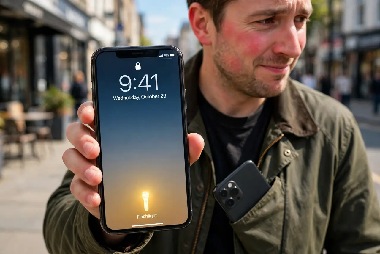 Flashlight Turns On in Your Pocket — an embarrassed adult pulling a real smartphone from a pocket with the flashlight glowing, the lock screen flas