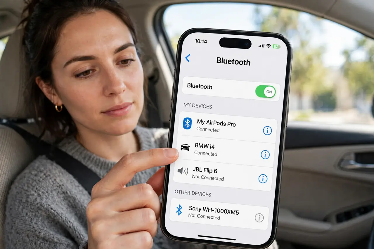 A person tapping a real iPhone Bluetooth settings screen showing a device list with the info button visible in legible text, the person's face calm and focused, car interior.