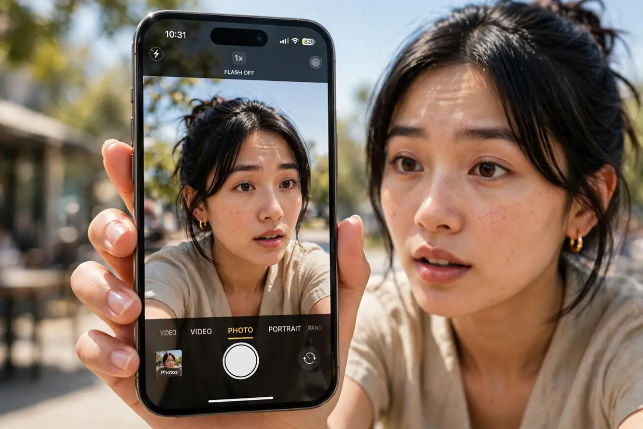 A person holding an iPhone taking a selfie, the screen showing the mirrored preview with the person's face curious, bright daylight.
