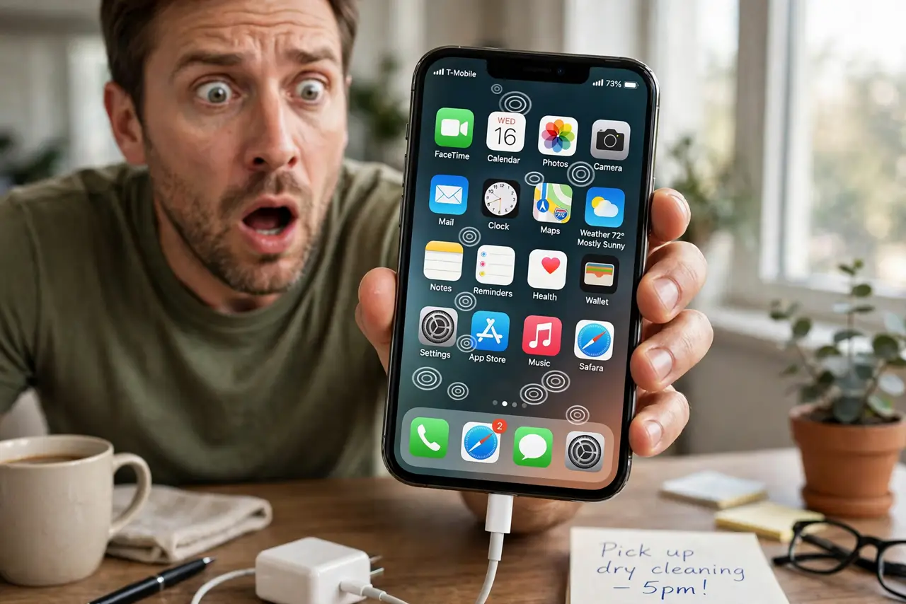 Ghost Touches While Charging — a startled adult holding a real smartphone connected to a charger, the screen showing random touches on a home