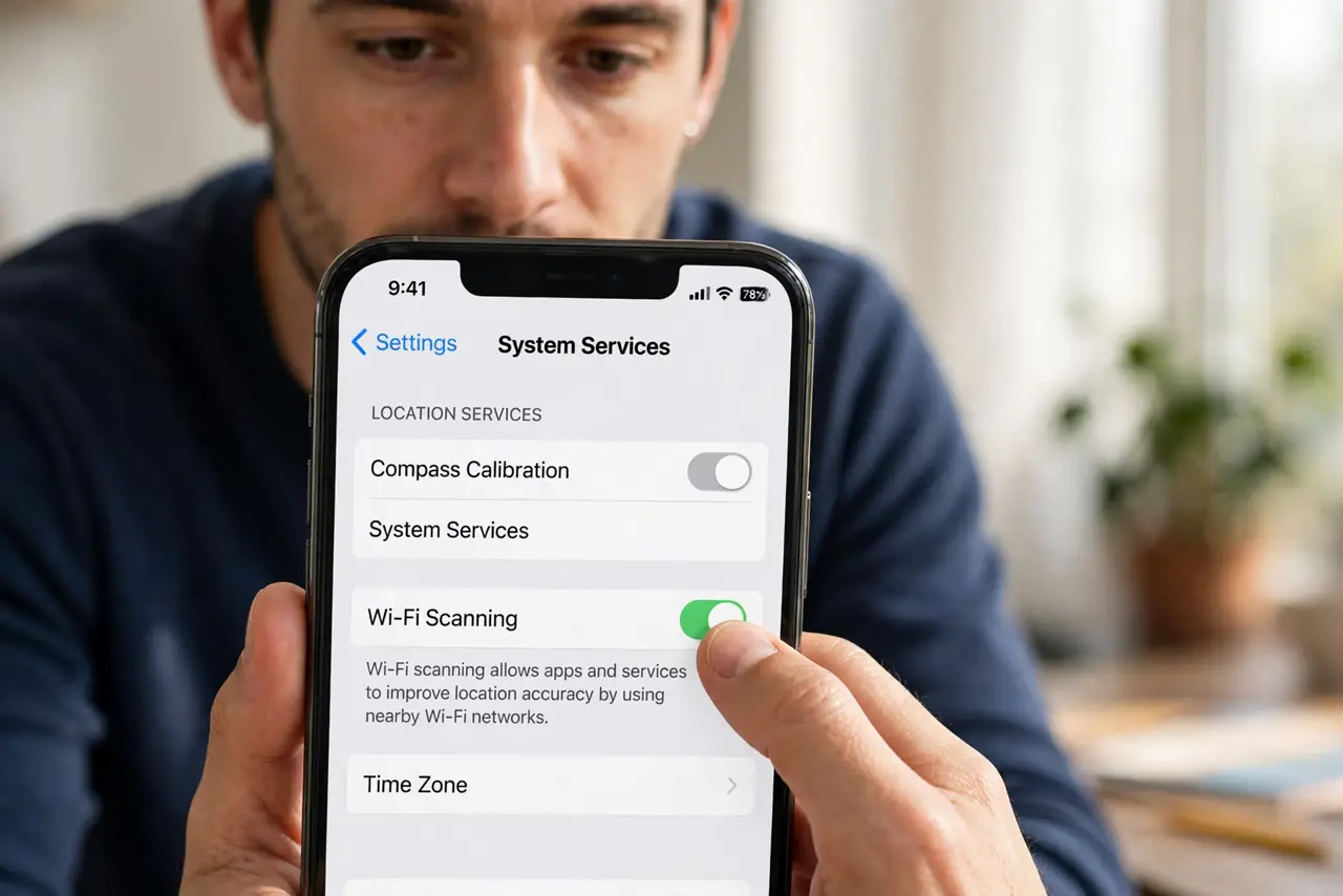 Step 1 in action for GPS Drifts in the City: Turn Wi-Fi scanning back on.