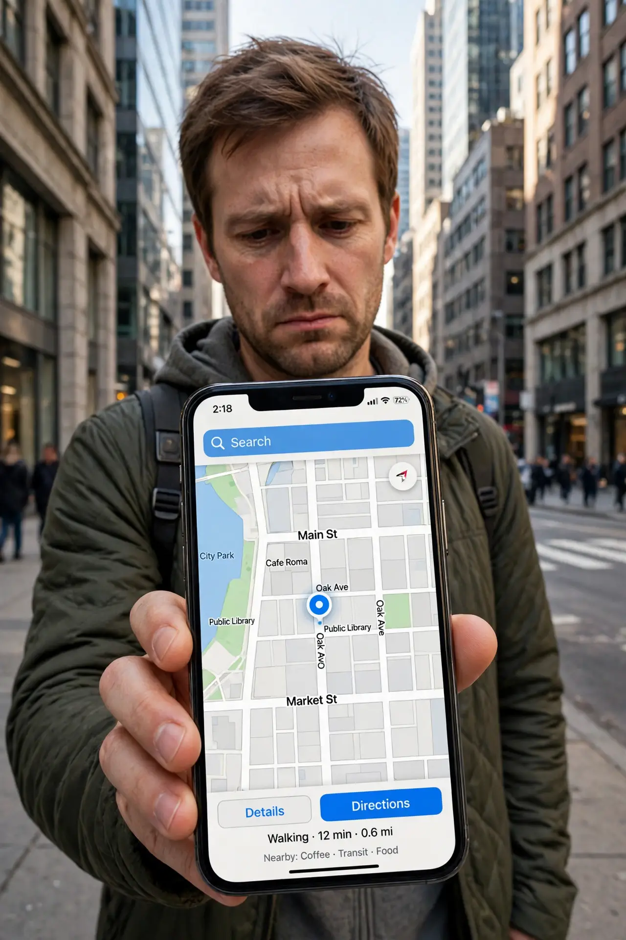 GPS Drifts in the City — a pedestrian holding a real iPhone showing a maps app with the blue location dot and streets fully legible, st