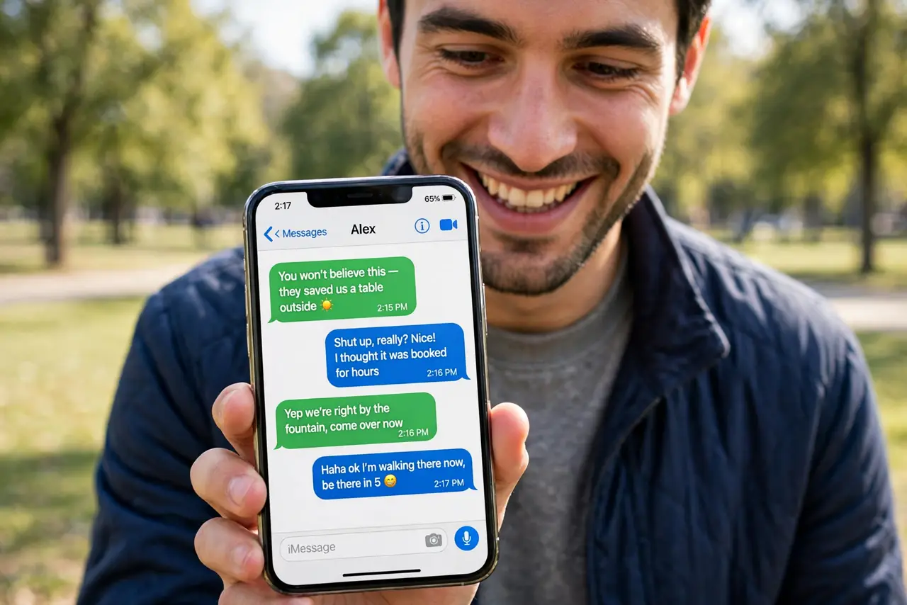 A person holding an iPhone showing a messaging app with both blue and green message bubbles legible on screen, the person's face amused, park setting.