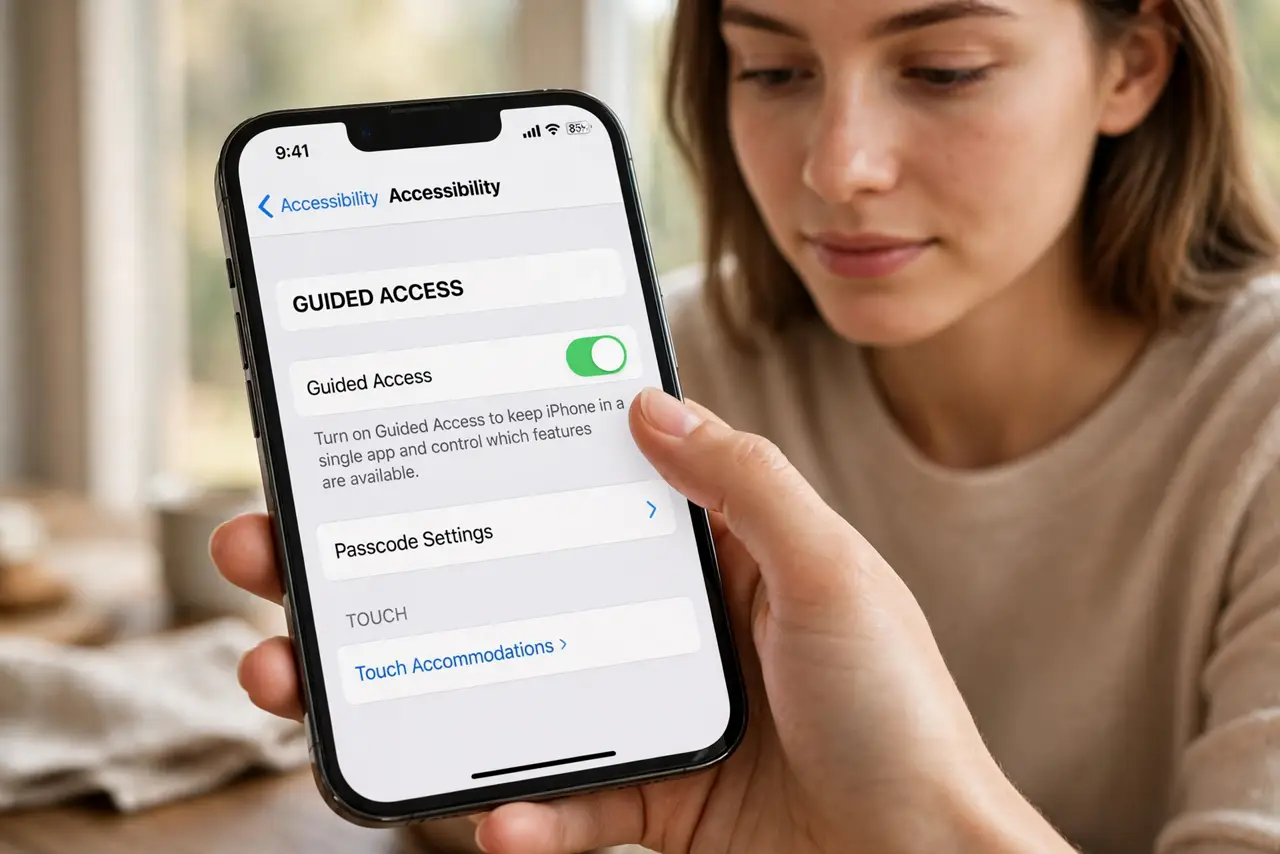 A person doing the guide's first step: Turn on Guided Access on iPhone.