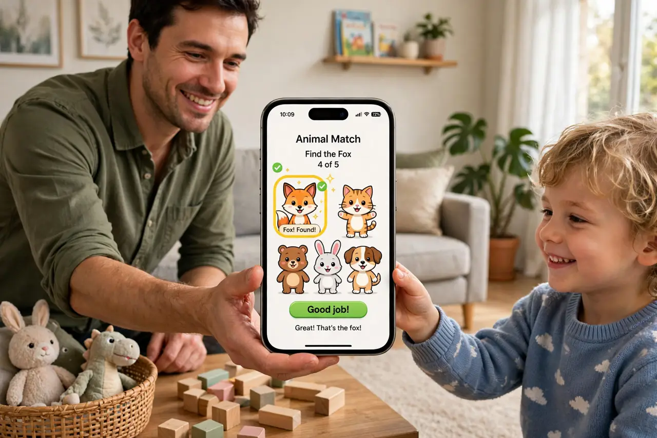 A person handing a real iPhone showing a colorful children's game in full screen to a small child, the adult's hand still near the phone, both faces calm and happy, living room.