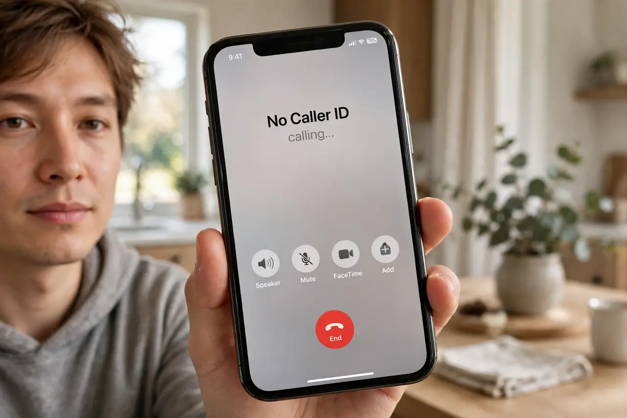 A person holding an iPhone showing the outgoing call screen with 'No Caller ID' indication, the person's face neutral and calm, home setting.