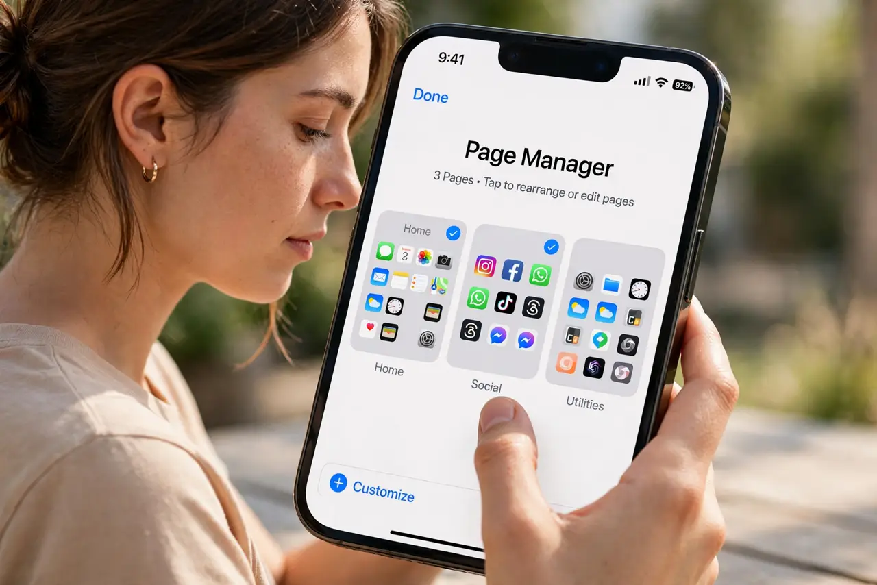 A person doing the guide's first step: Open the page manager on iPhone.