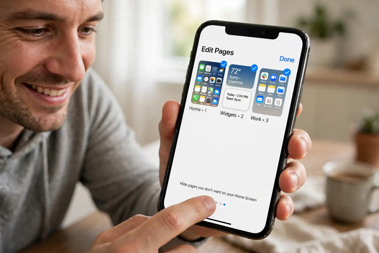 A person long-pressing the iPhone home screen page dots to hide extra pages, the page thumbnails with checkmarks legible on screen, the person's face satisfied, home setting.