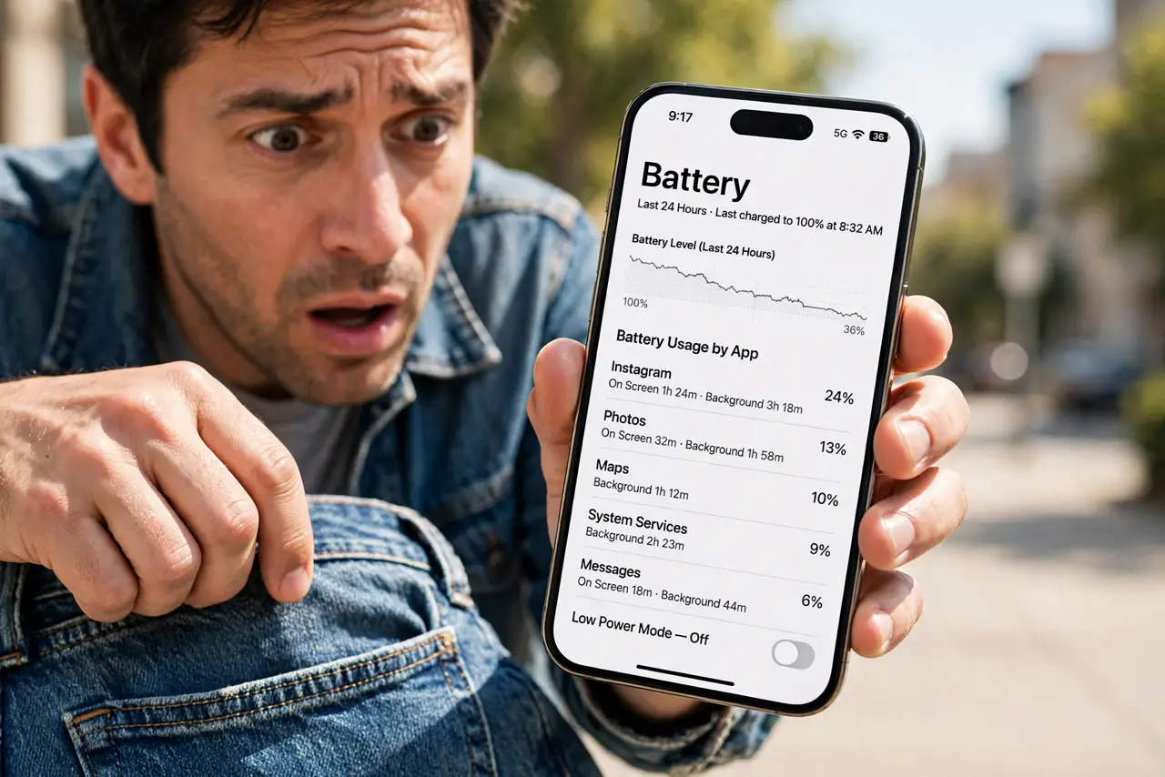 Phone Gets Hot in Your Pocket — a concerned adult pulling a real smartphone from a jeans pocket, the phone screen showing the battery usage sc
