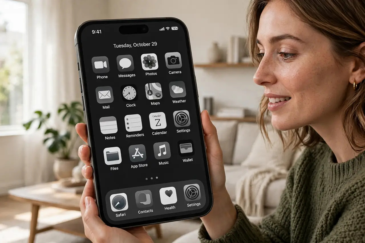A person holding an iPhone showing home screen icons tinted in a uniform dark monochrome style, the person's face admiring, stylish living room setting.