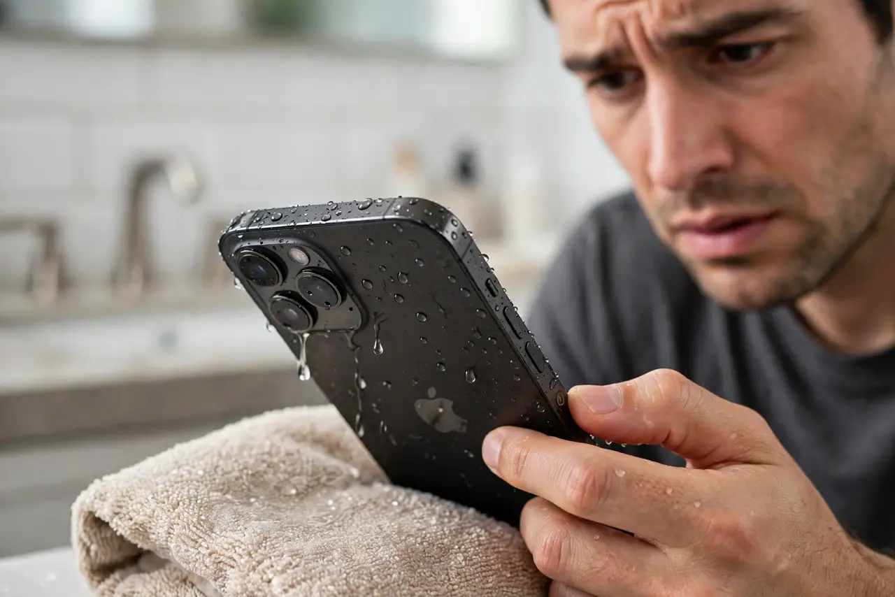 A worried adult holding a real wet phone over a towel, water droplets visible, the person powering it off, bathroom sink blurred in the background.
