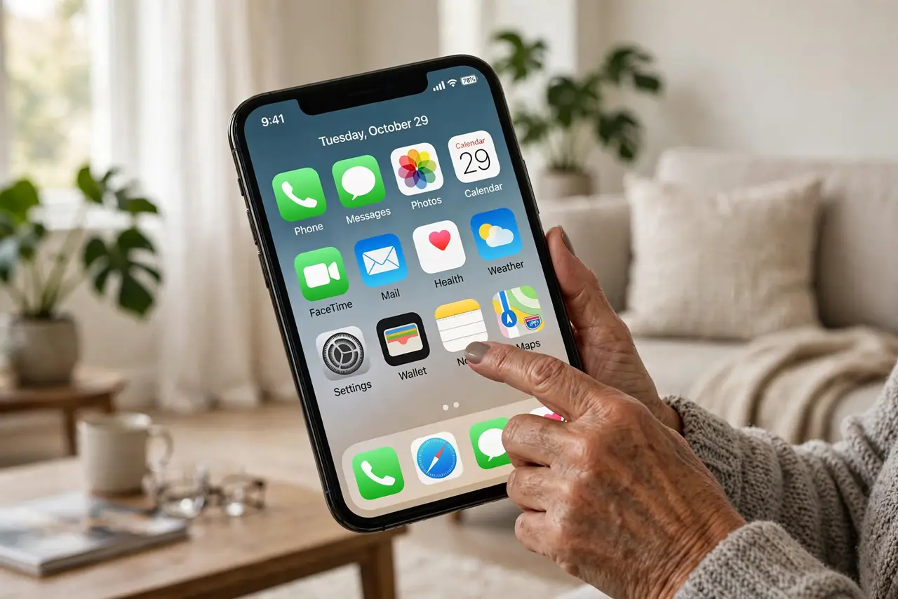 A person holding an iPhone showing large app icons with big readable labels on the home screen, an older person's hand tapping confidently, bright living room setting.