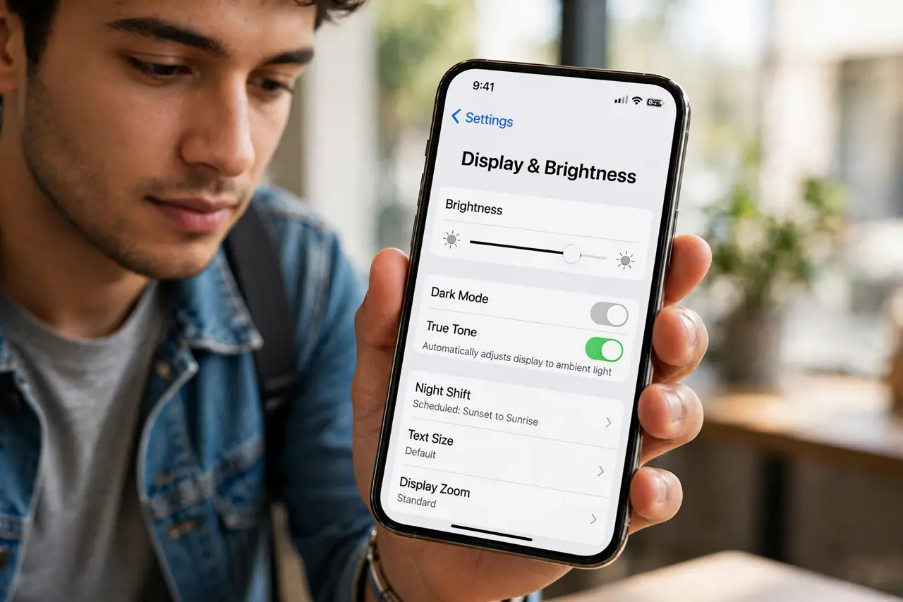A person doing the guide's first step: Open the display settings on iPhone.