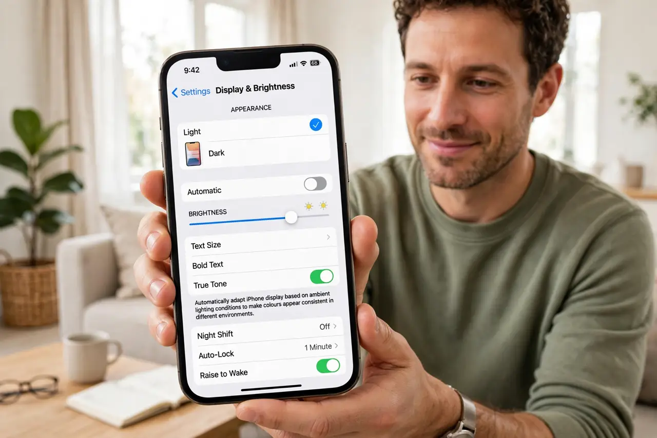 A person holding a real iPhone showing the Settings screen with the Display and Brightness menu visible in legible text, the screen text clearly enlarged, the person's face calm and satisfied, bright.