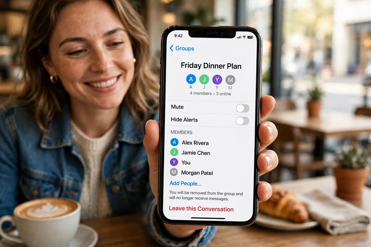 A person holding an iPhone showing a group message thread with the 'Leave this Conversation' option legible on screen, the person's face relieved, cafe setting.