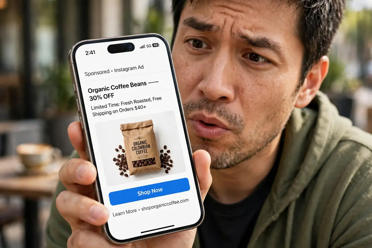 Is Your Phone Listening for Ads — a skeptical adult holding a real phone near their mouth with a questioning expression, an ad visible on screen