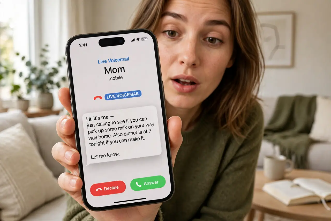 A person holding an iPhone showing a live voicemail transcription appearing in real time on screen during an incoming call, the person's face intrigued, living room setting.
