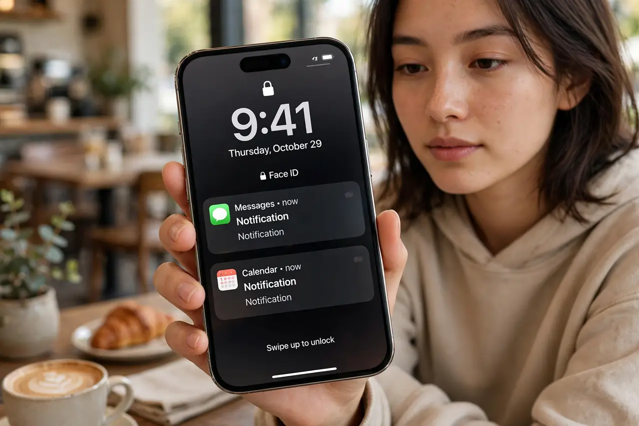 A person holding an iPhone showing lock screen notifications with hidden preview text reading 'Notification' instead of message content, the person's face calm and private, cafe table setting.