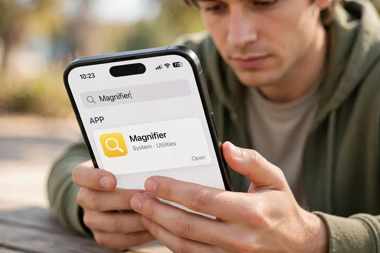 A person doing the guide's first step: Find the Magnifier app on iPhone.