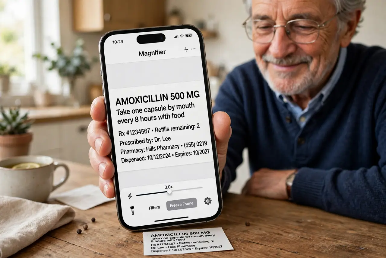 An older person holding a real iPhone over a small printed medicine label, the phone screen showing the label hugely magnified in legible text, the person's face calm and pleased, kitchen table.
