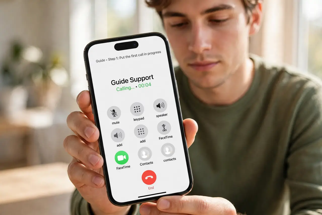 A person doing the guide's first step: Put the first call in progress.