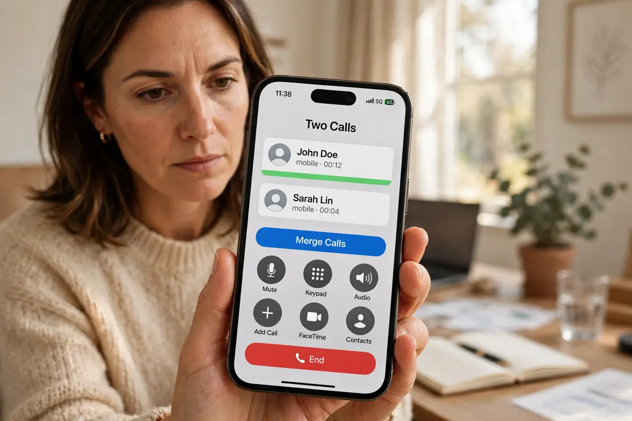 A person holding an iPhone showing the active call screen with the 'merge calls' button legible, the person's face focused, home office setting.
