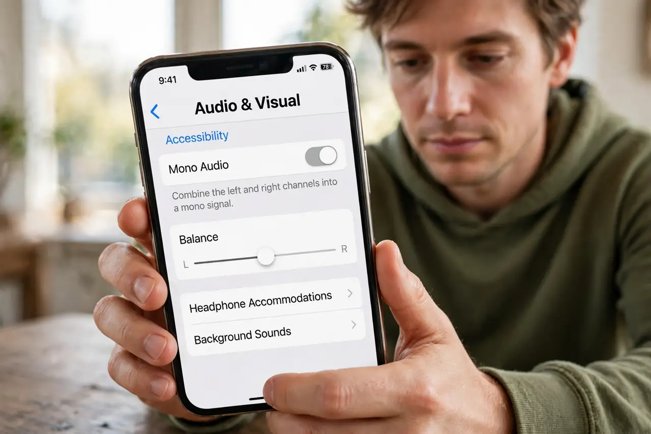 A person doing the guide's first step: Open the audio accessibility page on iPhone.