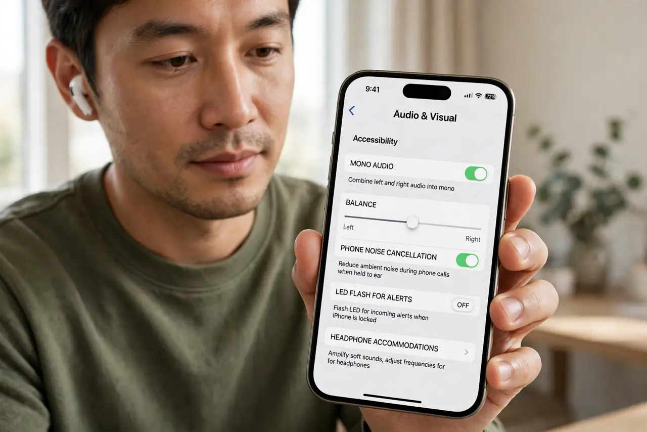 A person wearing a single real wireless earbud, holding a real iPhone showing the Accessibility Audio settings screen with legible text, the person's face calm and focused, quiet room.