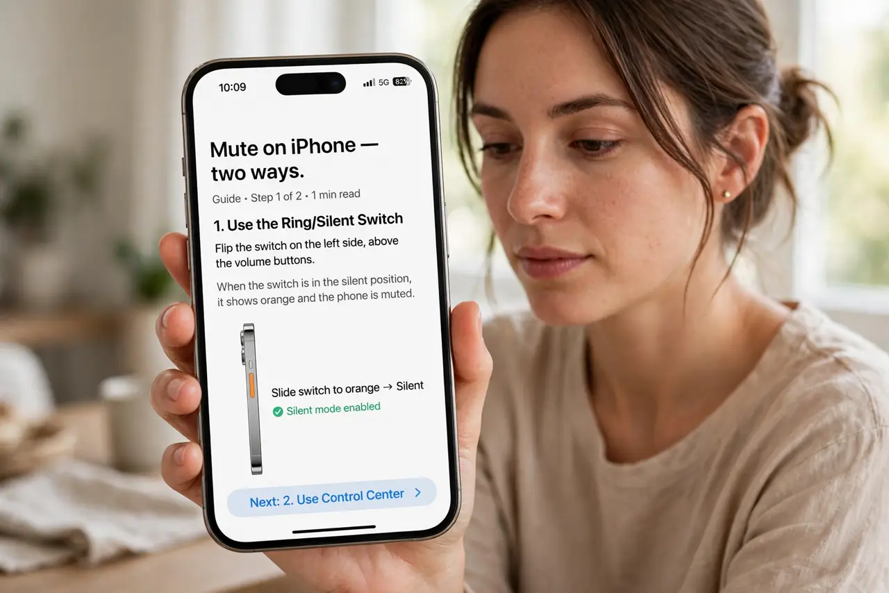 A person doing the guide's first step: Mute on iPhone — two ways.