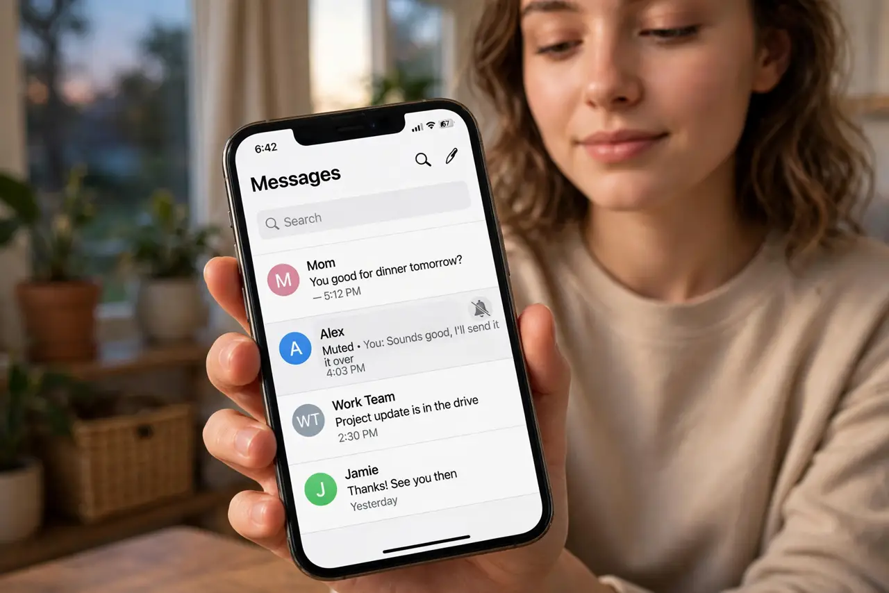 A person holding an iPhone showing a message thread list with a muted conversation showing a crossed-bell icon legible on screen, the person's face peaceful, evening home setting.