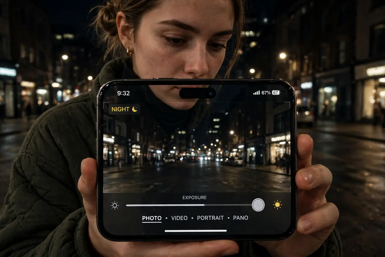 A person holding an iPhone capturing a dimly lit city street at night, the night mode exposure slider legible on screen, the person's face concentrated, night setting.
