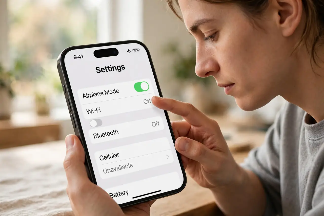 A person doing the guide's first step: Toggle airplane mode.