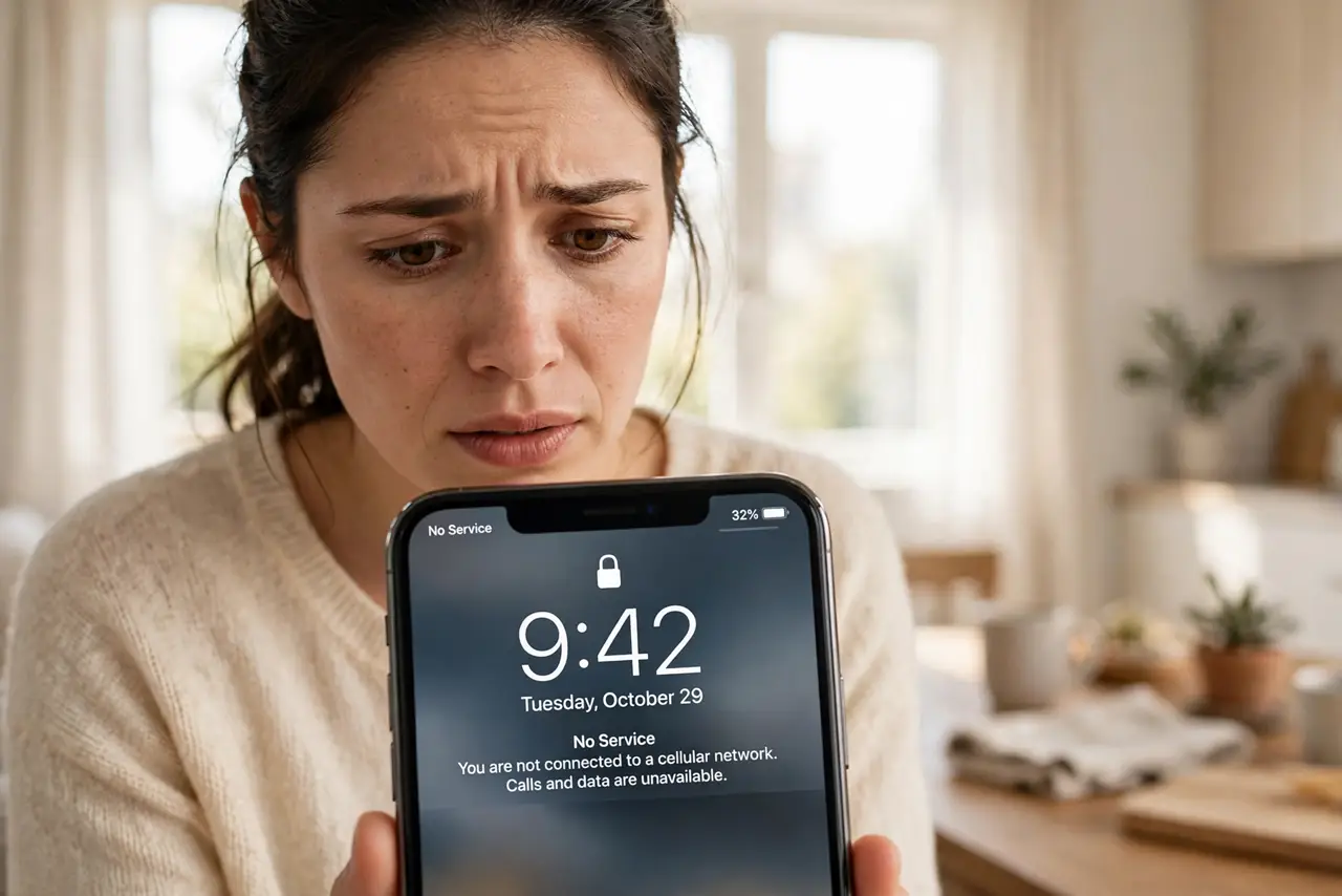 A person looking at a real iPhone showing 'No Service' in the status bar in legible text, the person's face worried but focused, home interior.
