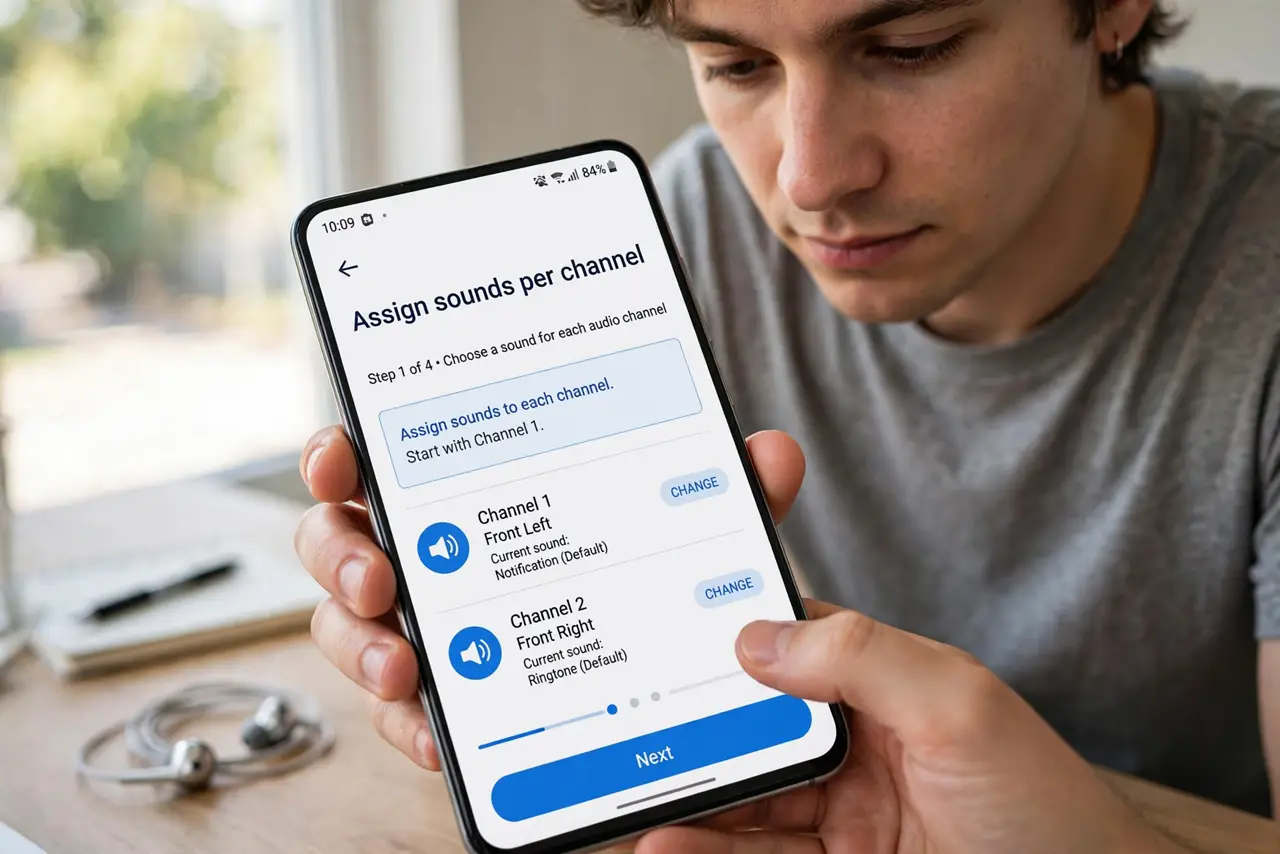 A person doing the guide's first step: Assign sounds per channel on Android.