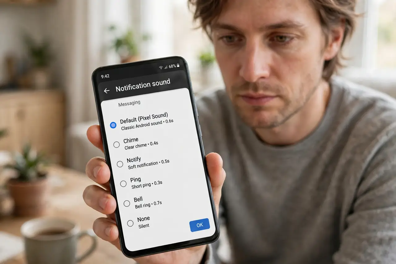 A person holding an Android phone showing the notification sound picker for a messaging app with tone options legible on screen, the person's face focused, home setting.