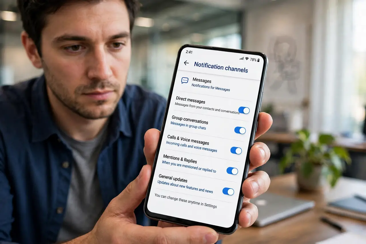 A person holding an Android phone showing an app's notification channel list with toggles legible on screen, the person's face focused, office setting.
