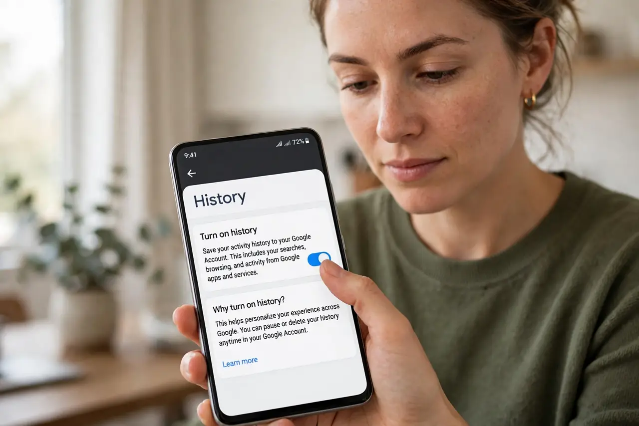 A person doing the guide's first step: Turn on history on Android.