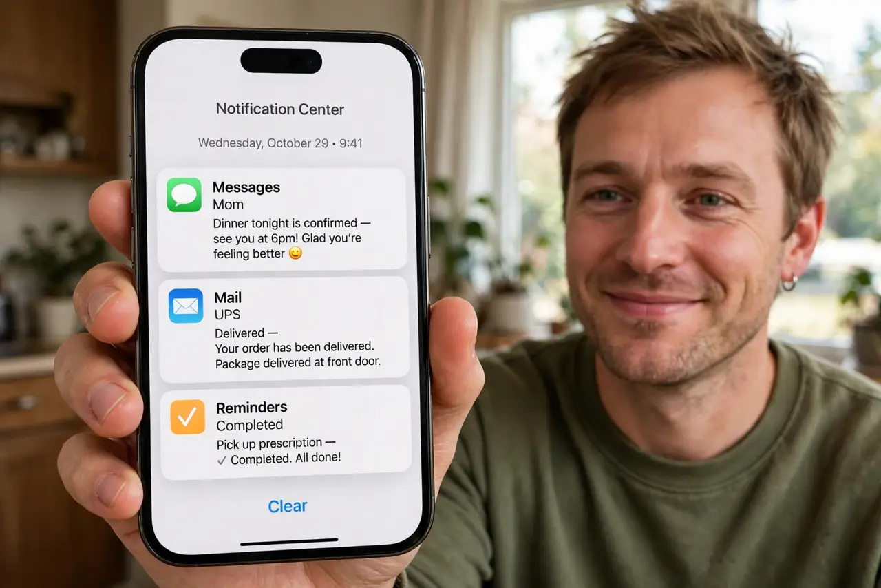 A person holding an iPhone showing the notification center with recent notifications legible on screen, the person's face relieved, home setting.