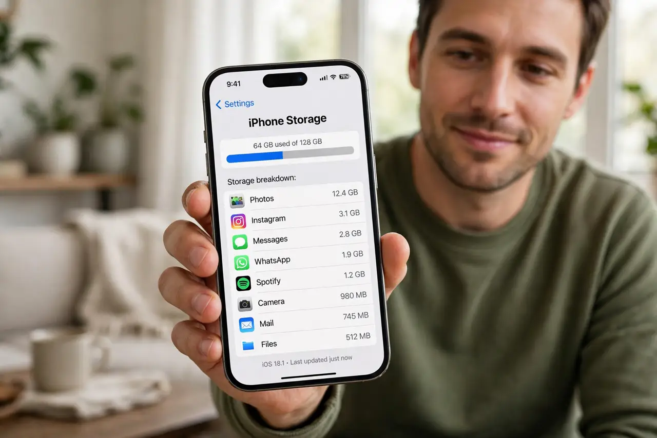 A person holding an iPhone showing a storage screen with an app list and sizes legible on screen, the person's face relieved and calm, home setting.