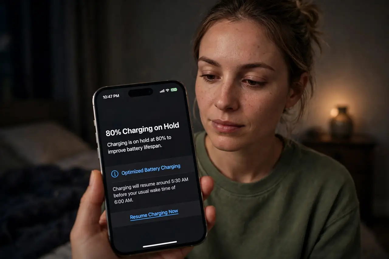 A person performing the first step: Understand the 80% hold. The phone charges to 80% quickly, then waits — finishing.