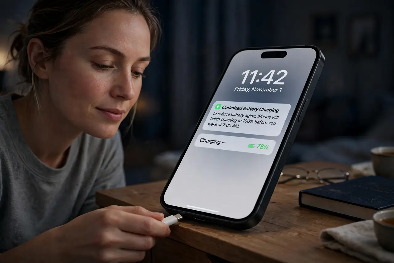 A person plugging in a real iPhone to charge overnight on a nightstand, the phone screen showing an optimized charging
