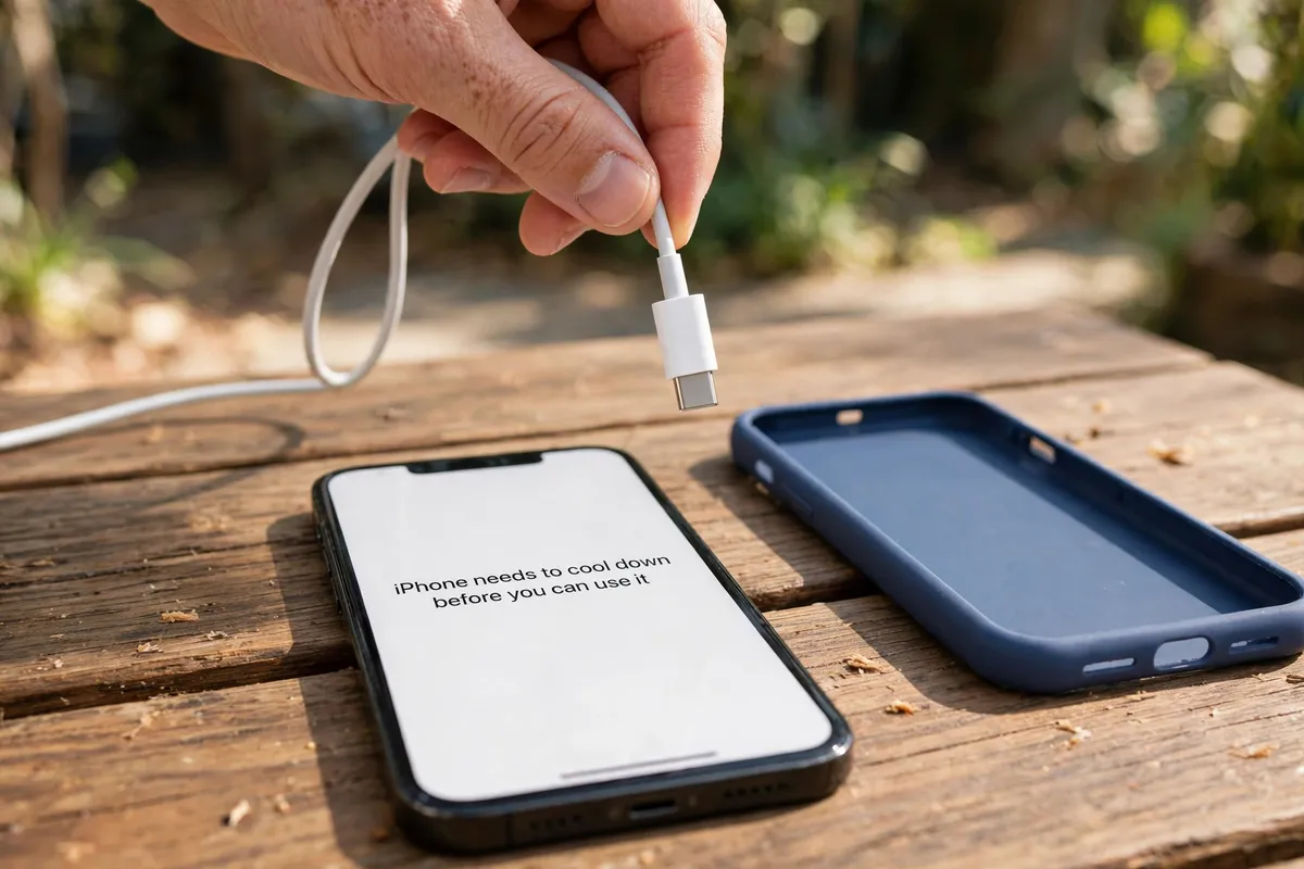 Example recreation of a phone showing the warning that the iPhone needs to cool down before you can use it, with the unplugged cable held above it and its case beside it.