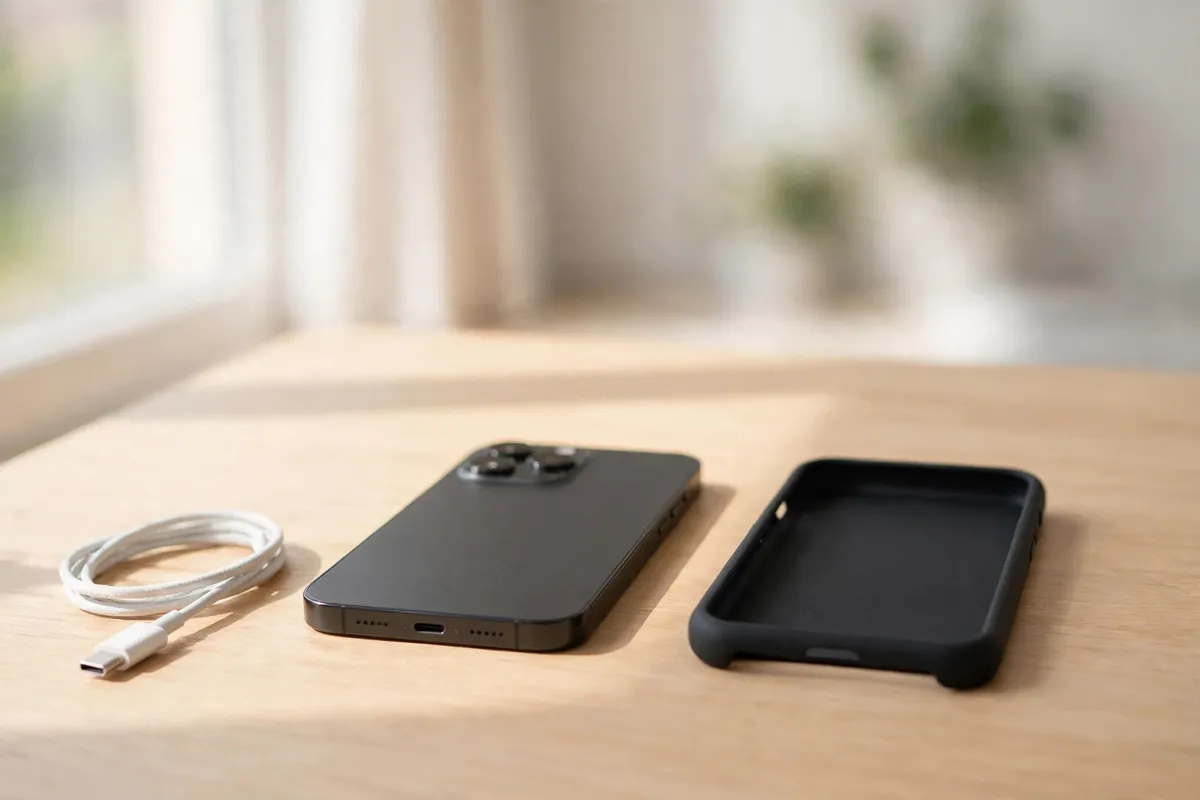 A smartphone lying on a wooden table with its charging cable unplugged and its case removed beside it.