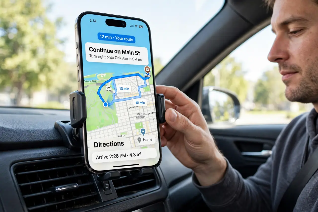 A driver adjusting a real phone in a car vent mount away from direct sun, the phone screen showing navigation with legible text, air vent visible below.