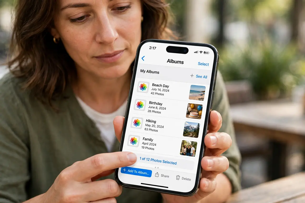 a calm adult holding a real iPhone showing the Photos app with normal named albums and legible event titles, the person organizing photos into an album